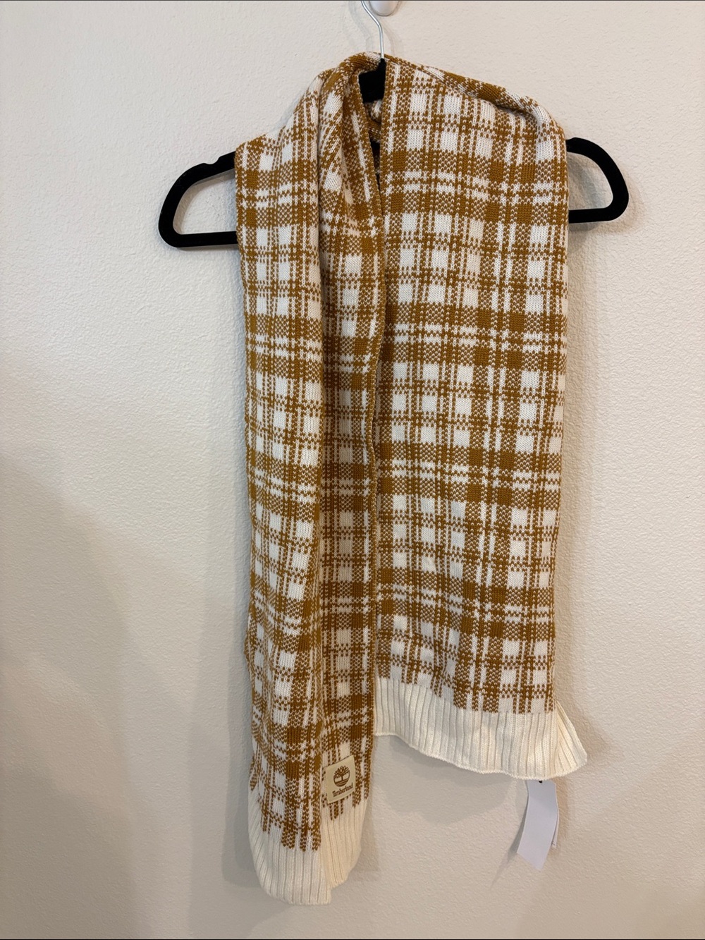 Timberland Cream and Mustard Plaid Knit Scarf New With Tags